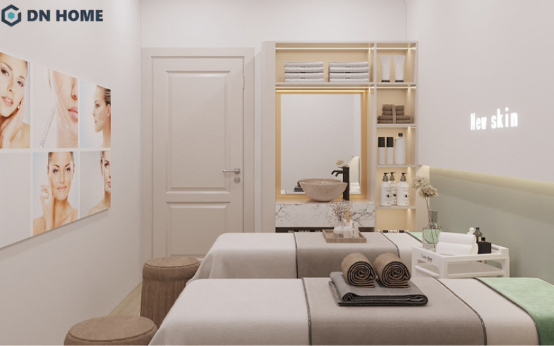 Mẫu spa tại nhà sử dụng gam màu pastel xanh lá làm điểm nhấn