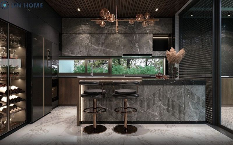 Không gian bếp Luxury sang trọng, thiết kế đảo bếp tích hợp quầy bar giúp tăng sự tiện nghi