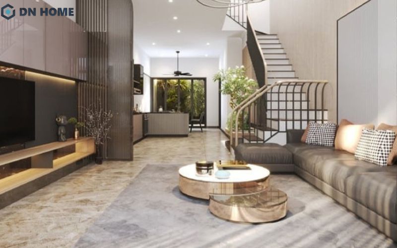 Có thể sử dụng bộ sofa lớn hoặc đèn chùm để làm điểm nhấn phòng khách 25m2