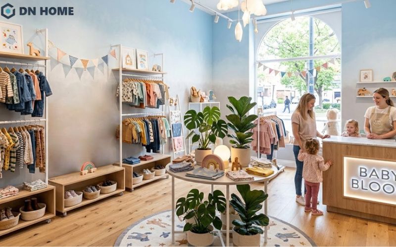 Mẫu cửa hàng thời trang thiết kế phong cách ombre màu xanh và xám