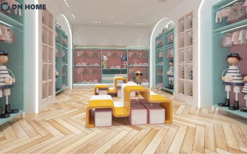 Màu sắc tươi sáng, vui nhộn được sử dụng chủ đạo trong thiết kế shop quần áo trẻ em phong cách hiện đại