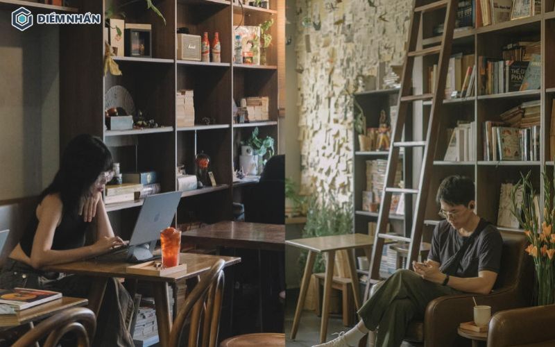 Thiết kế nội thất quán cafe phong cách hiện đại tích hợp thư viện sách độc đáo.