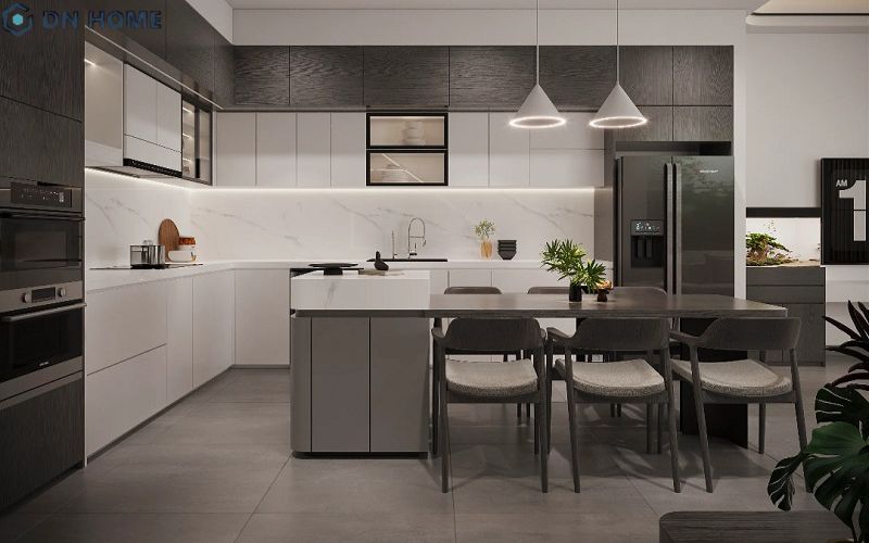 Thiết kế nội thất phòng bếp phong cách hiện đại ưu tiên đường nét gọn gàng và đề cao sự tiện nghi trong sử dụng