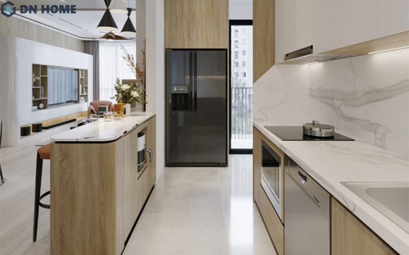 Khi thiết kế nội thất phòng bếp, gia chủ nên ưu tiên lựa chọn những vật liệu chống trơn trượt cho khu vực sàn