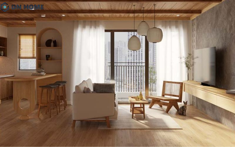 Phòng khách thiết kế theo phong cách nội thất Japandi ưu tiên sự gọn gàng và thoáng đãng