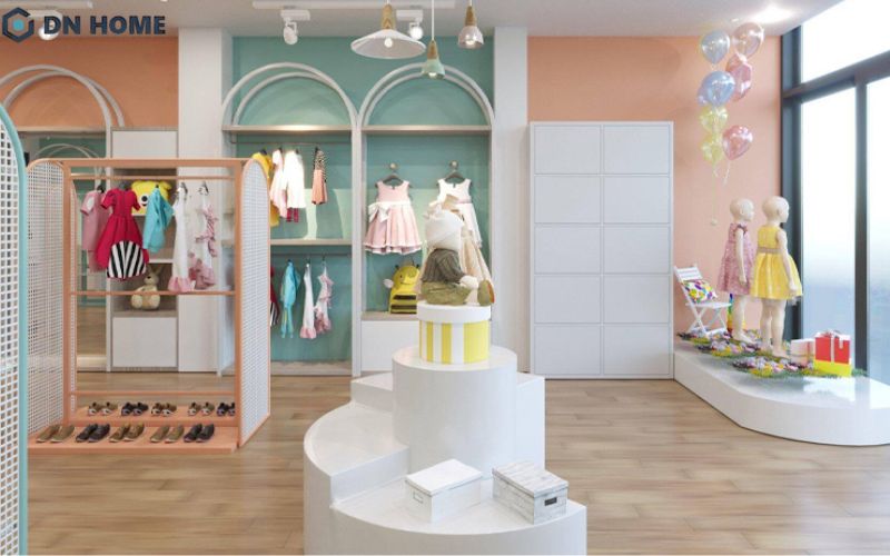 Với cửa hàng quần áo trẻ em, nên sử dụng những gam màu vui tươi và sinh động
