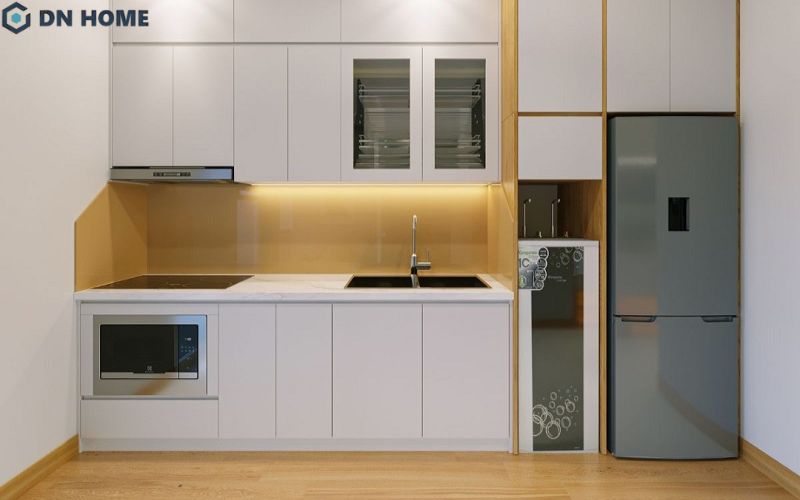 Thiết kế nội thất phòng bếp hệ tủ chữ I kịch trần, tích hợp nhiều tiện ích cơ bản