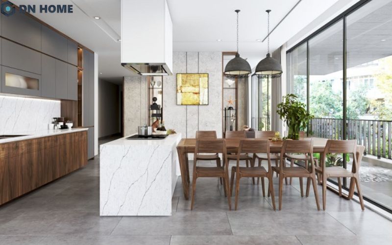 Thiết kế bếp có bàn đảo giúp tăng diện tích sử dụng và tạo điểm nhấn sang trọng cho không gian nấu nướng