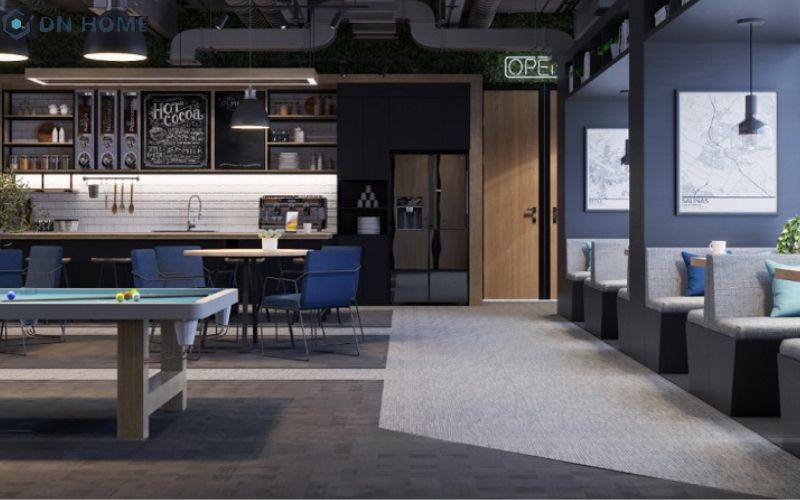 Khu vực Pantry lớn, bàn ghế và quầy bar được bố trí như quán cafe mini