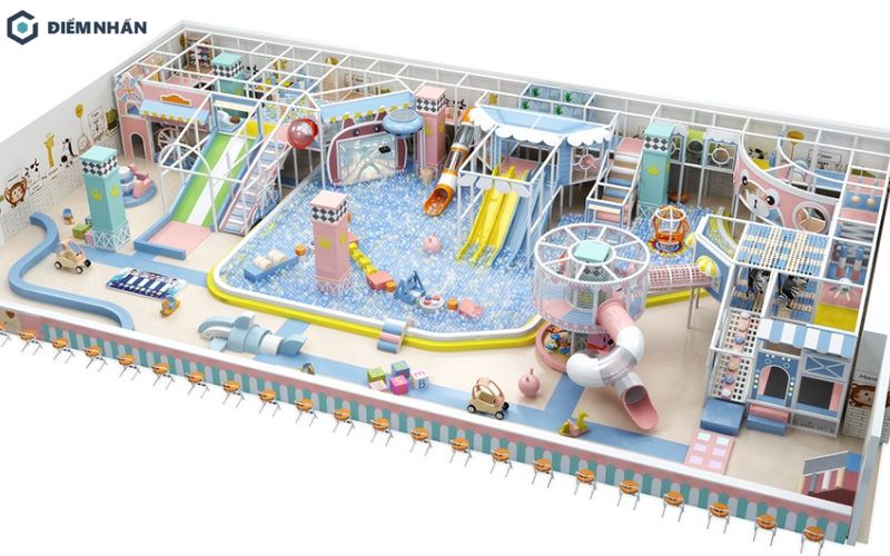 Phối cảnh 3D mẫu thiết kế khu vui chơi trẻ em hiện đại với đầy đủ các phân khu chức năng và trò chơi vận động.