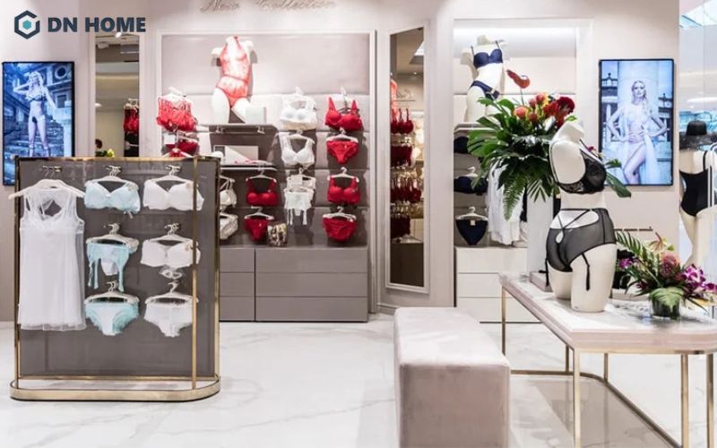 Mẫu thiết kế cửa hàng đồ lót theo phong cách hiện đại với tone trắng - xám làm chủ đạo