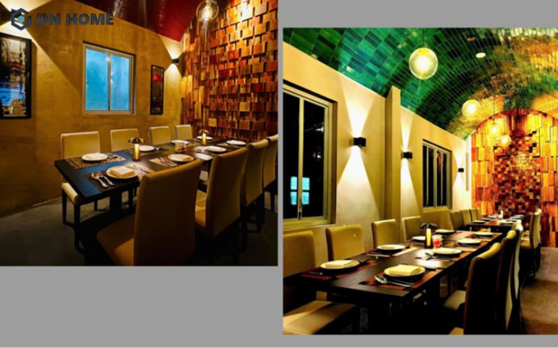 Trần thiết kế mái vòm kết hợp đèn thả là điểm nhấn ấn tượng trong nhà hàng 48 Bistro