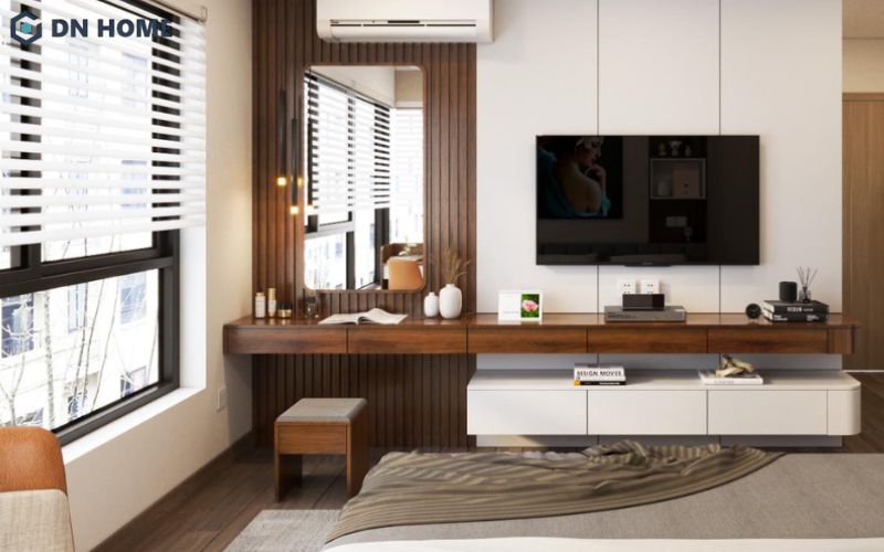 Bàn trang điểm và kệ tivi giúp phòng ngủ trở nên tiện nghi và đáp ứng nhu cầu sinh hoạt