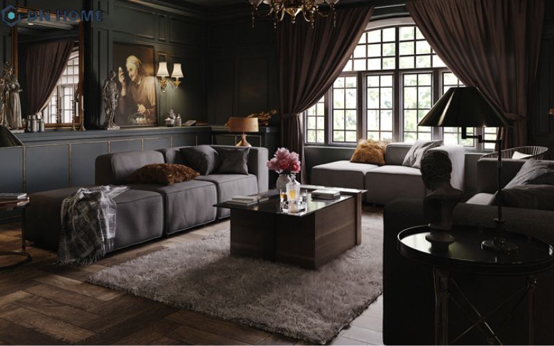Phòng khách phong cách Dark Design được thiết kế với điểm nhấn là chi tiết mạ vàng
