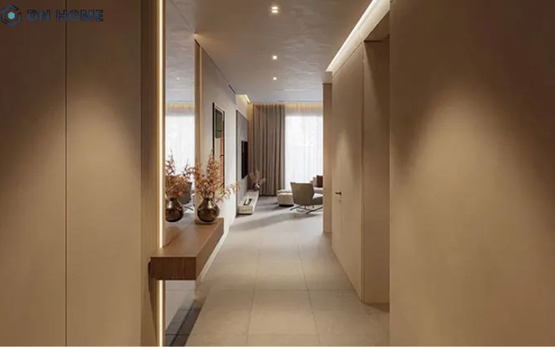 Ánh sáng khu vực hành lang nên nhẹ nhàng nhưng cần có điểm nhấn hợp lý