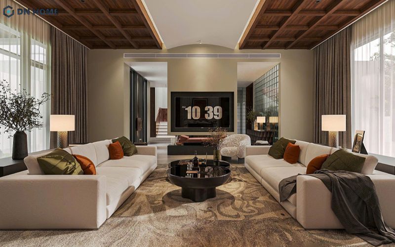Ánh sáng điểm nhấn được bố trí ngay giữa khu vực tivi để làm nổi bật trung tâm nội thất
