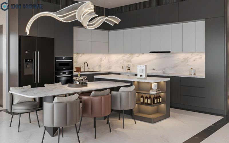 Với khu vực bếp ăn, các chi tiết đèn chức năng là quan trọng để phục vụ việc nấu nướng tốt nhất