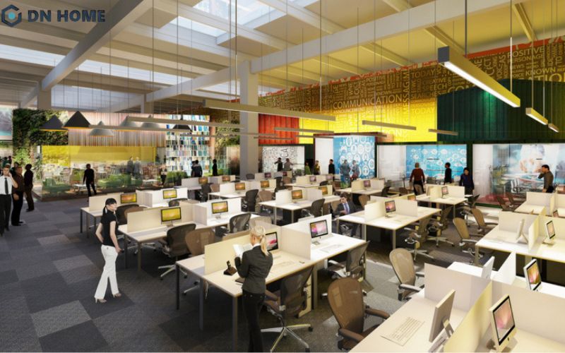 Trần cao và sự kết hợp màu sắc khéo léo tạo nên không gian làm việc vô cùng sáng tạo, đầy cảm hứng