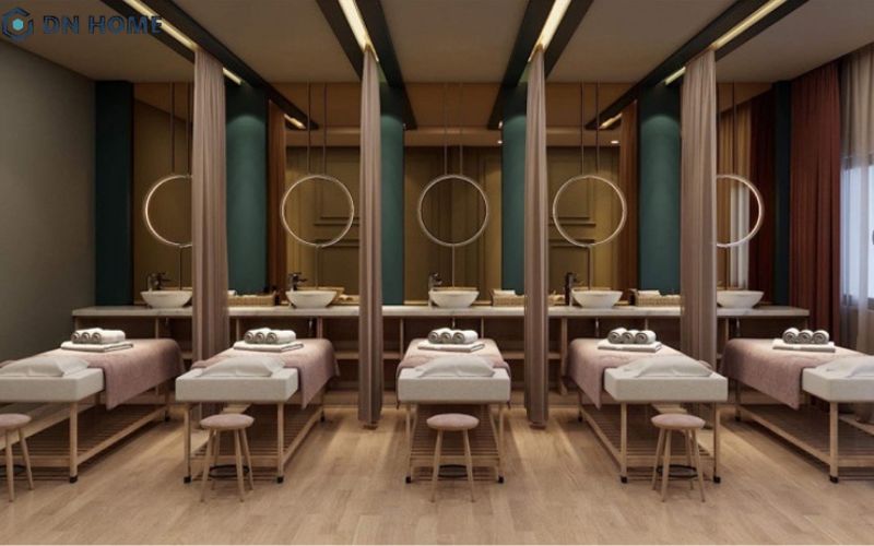 Ánh sáng vàng dịu nhẹ vừa tạo cảm giác ấm cúng, vừa sang trọng cho spa cao cấp