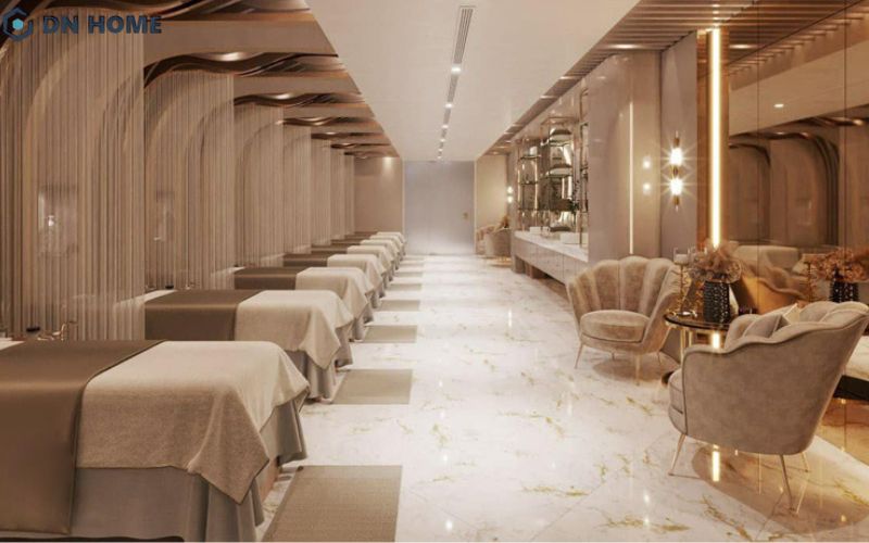 Chất liệu kim loại mạ vàng thường được sử dụng trong không gian spa cao cấp