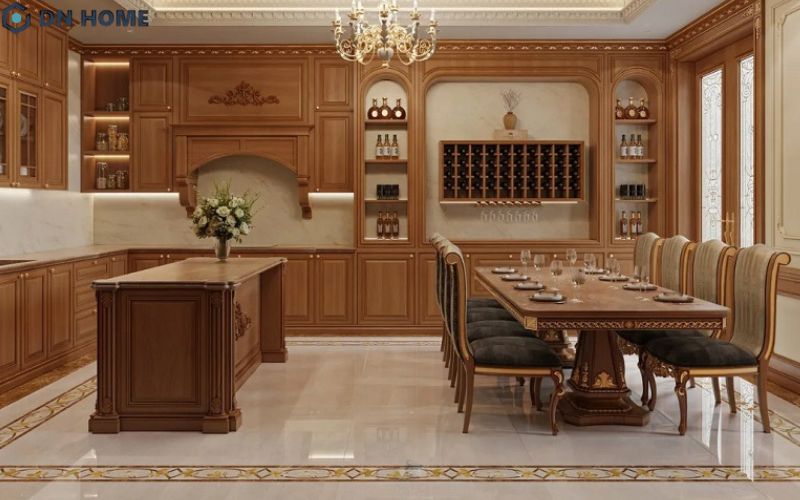 Mẫu phòng ăn kết hợp bếp tân cổ điển sang trọng, xa hoa