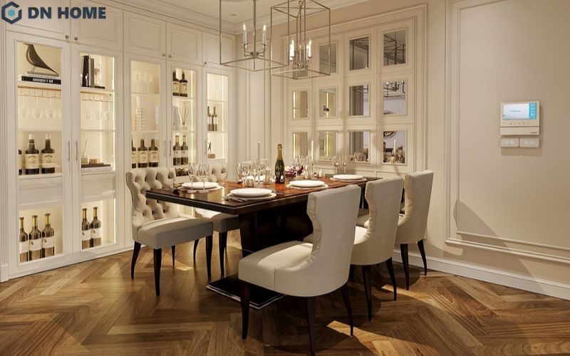 Việc sử dụng màu sắc nhẹ nhàng kết hợp đường nét trang trí không quá cầu kỳ đã tạo nên vẻ đẹp thanh lịch cho phòng ăn