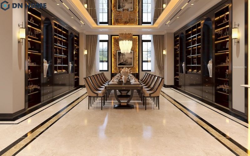 Sự sắp xếp không gian cân đối cùng vật liệu nội thất cao cấp giúp tạo nên phòng ăn đầy sang trọng