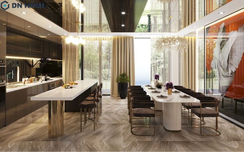 Không gian phòng ăn thiết kế mở, nổi bật với mảng tường trang trí nghệ thuật