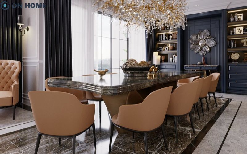 Mẫu phòng ăn sang trọng, sử dụng các loại vật liệu cao cấp như đá marble, da thật,...