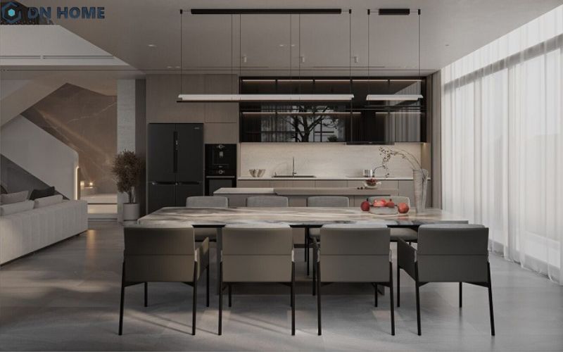 Phòng ăn hiện đại ưu tiên các loại vật liệu như kính, kim loại,... nhằm làm tăng thêm phần sang trọng cho không gian