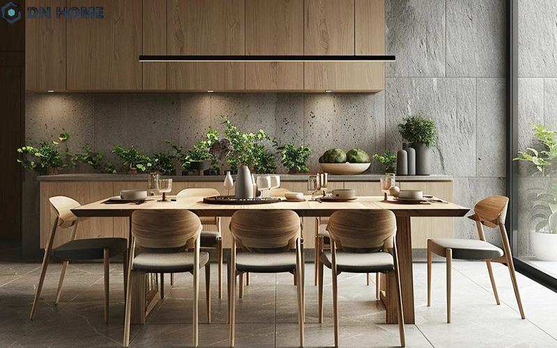 Mẫu phòng ăn thiết kế tối giản, sử dụng vật liệu gỗ sáng màu giúp không gian thêm phần ấm cúng