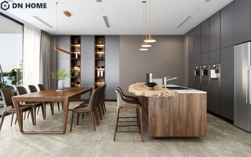 Thiết kế phòng ăn kết hợp không gian nấu nướng đơn giản nhưng không kém phần sang trọng