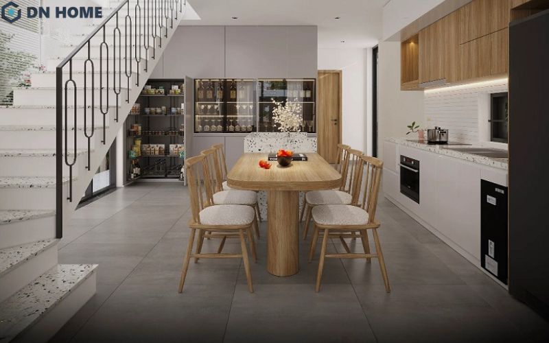 Thiết kế phòng ăn nhà ống kết hợp bếp nấu, giúp tối ưu diện tích không gian và tạo cảm giác thông thoáng