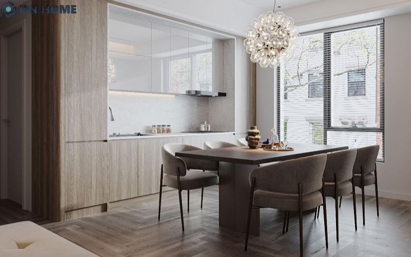 Bố trí khu vực ăn uống cạnh cửa sổ lớn giúp tận dụng ánh sáng tự nhiên và tạo sự thông thoáng cho không gian