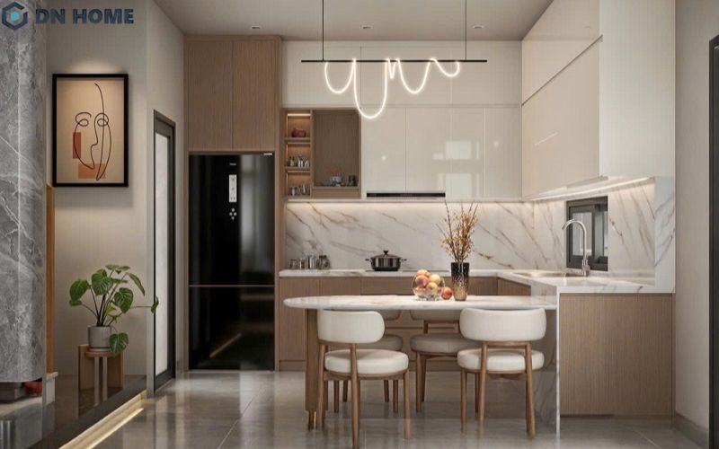 Không gian ăn uống kết hợp khu vực nấu nướng giúp tận dụng tối đa diện tích cho căn hộ