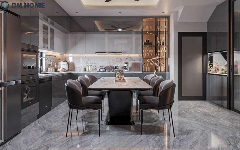 Không gian phòng ăn kết hợp bếp được thiết kế theo phong cách hiện đại luxury