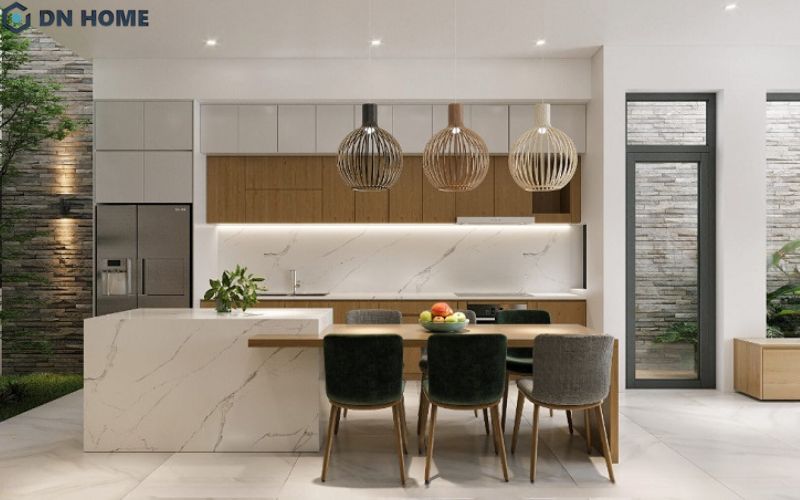 Thiết kế bàn đảo liền bàn ăn giúp tạo sự liên kết giữa khu vực nấu nướng và không gian sinh hoạt