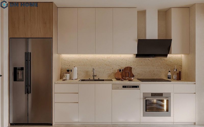 Thiết kế hệ tủ bếp chữ I kết hợp sử dụng gam màu sáng sẽ giúp không gian trông rộng rãi hơn