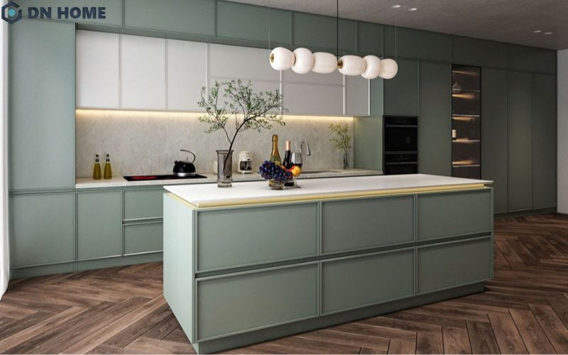 Mẫu thiết kế phòng bếp phong cách hiện đại với màu xanh pastel đẹp sang trọng, mát mắt