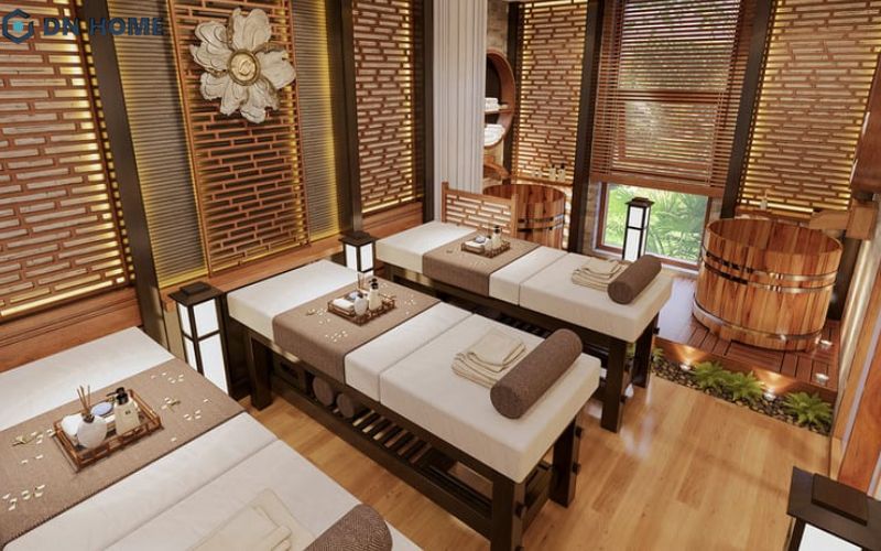 Không gian thiết kế spa dưỡng sinh Đông y mộc mạc với chất liệu gỗ trầm ấm tạo cảm giác thư giãn tuyệt đối cho khách hàng
