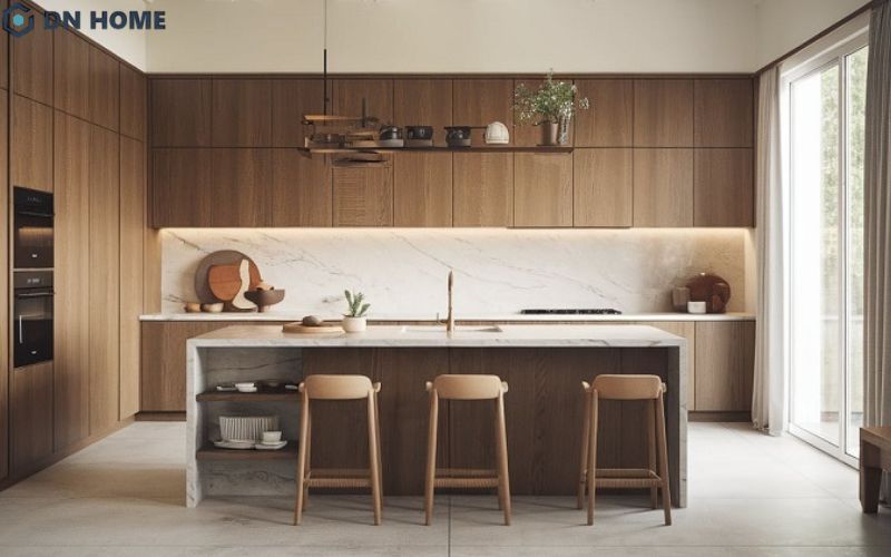 Sự kết hợp hài hoà giữa ánh sáng tự nhiên và nội thất gỗ tự nhiên sáng màu tạo nên không gian bếp ấm cúng