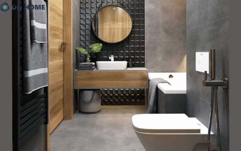 Gam màu đen và chất liệu gỗ tối màu là đặc trưng thiết kế nhà vệ sinh 4m2 phong cách Industrial