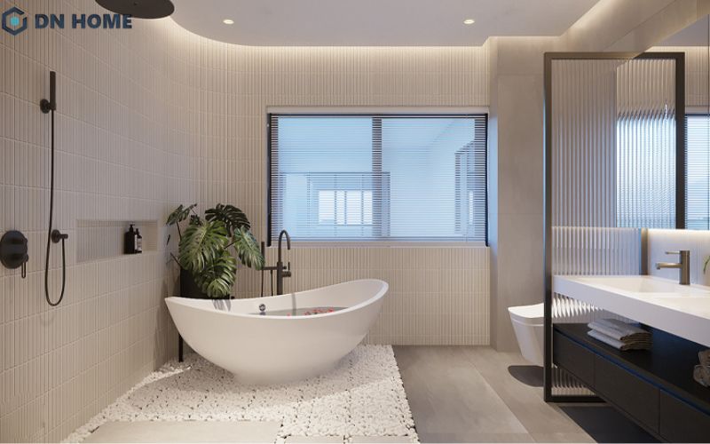 Nhà vệ sinh phòng master có diện tích tối thiểu 5m2 và thường được thiết kế đảm bảo công năng - tiện nghi - thẩm mỹ