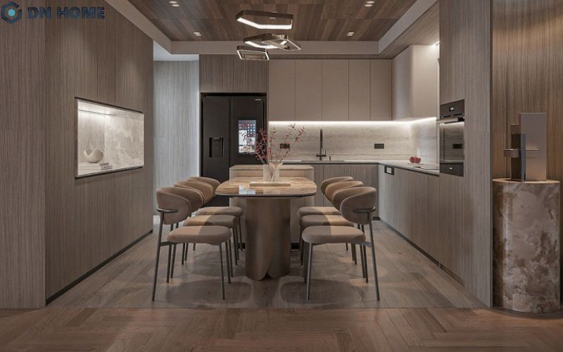 Khi thiết kế nội thất phòng bếp, gia chủ có thể tham khảo các gam màu như trắng, kem, be nhằm tạo cảm giác sạch sẽ, ấm cúng