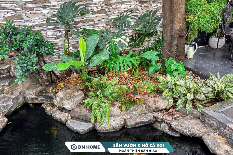 Sỏi đá là yếu tố đặc trưng trong thiết kế sân vườn phong cách nhiệt đới