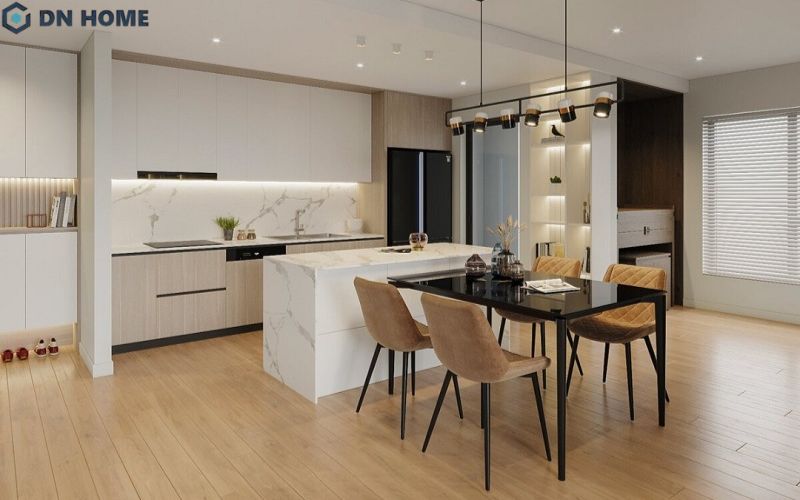 Bàn đảo có thể dùng làm nơi lưu trữ hoặc sơ chế thực phẩm giúp tăng sự tiện nghi cho không gian bếp