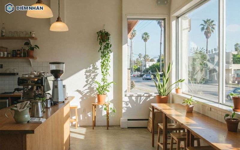 Thiết kế nội thất quán cafe phong cách tối giản kết hợp trang trí cây xanh tạo không gian thoáng đãng.