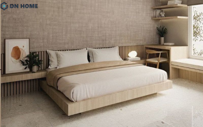 Phòng ngủ phong cách thiết kế Japandi sử dụng chất liệu gỗ chủ đạo, tjao cảm giác ấm cúng và thư giãn