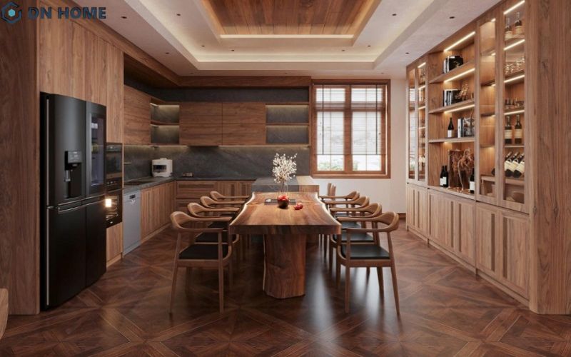 Hệ tủ bếp bằng gỗ tự nhiên giúp đem lại cảm giác sang trọng nhưng không kém phần ấm cúng cho không gian nấu nướng