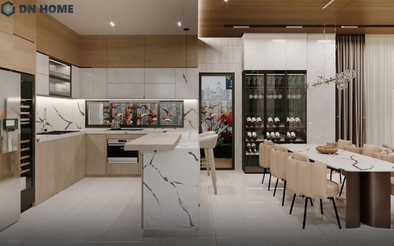 Thiết kế nội thất phòng bếp hệ tủ chữ U giúp tăng khả năng lưu trữ và thuận tiện trong quá trình nấu nướng